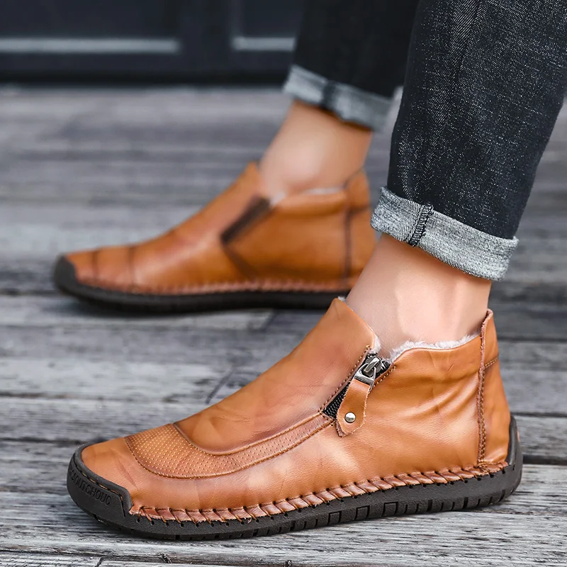 2019  Men Flat Loafers High Top Plush Winter Snow Boot For Men Moccasins Classic Split Leather Walking Shoes Wedding Driver Shoe
