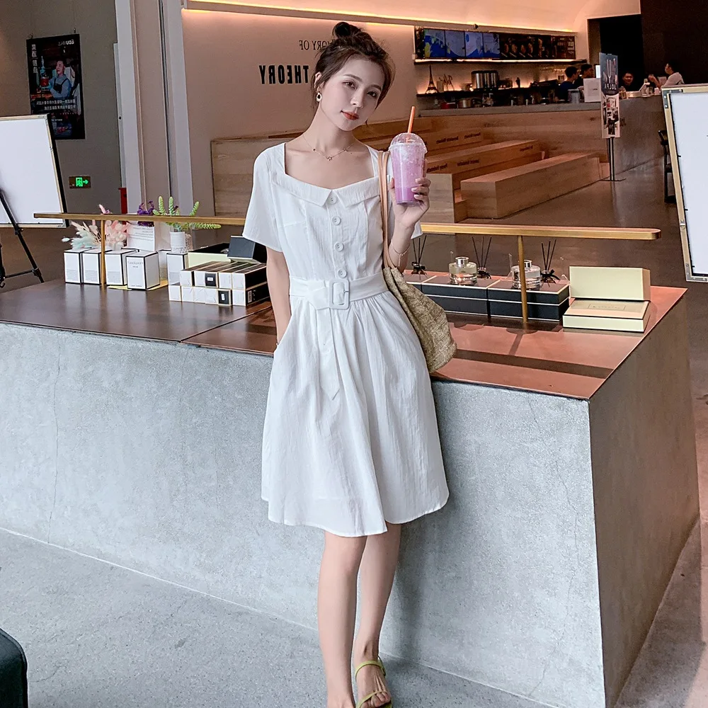 

French Retro Romantic Elegant Medium-length Dress 2019 Summer New Style INS WOMEN'S Dress Single Breasted V-neck Waist Hugging D