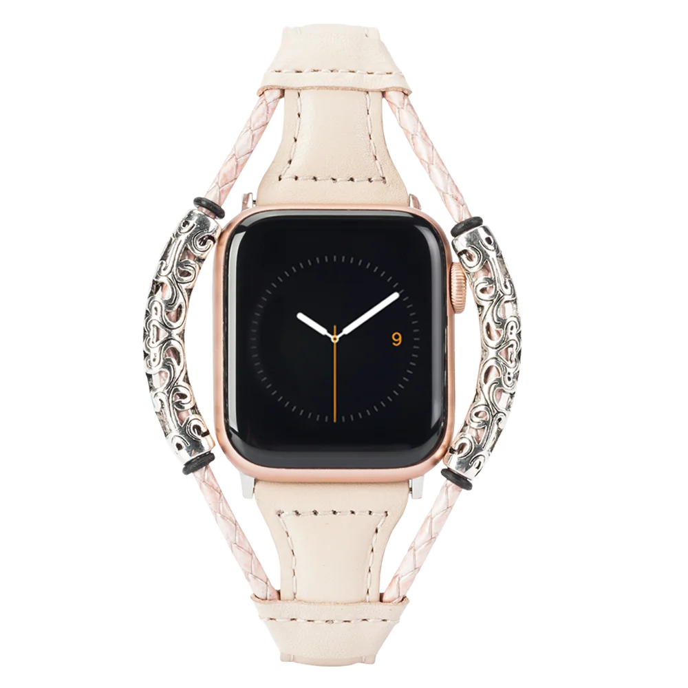 Розовый Кожаный ремешок для Apple Watch Band для женщин тонкий переплетение двойное кольцо браслеты Замена Группа аксессуары для iwatch 4/3/2/1 - Цвет ремешка: Розовый