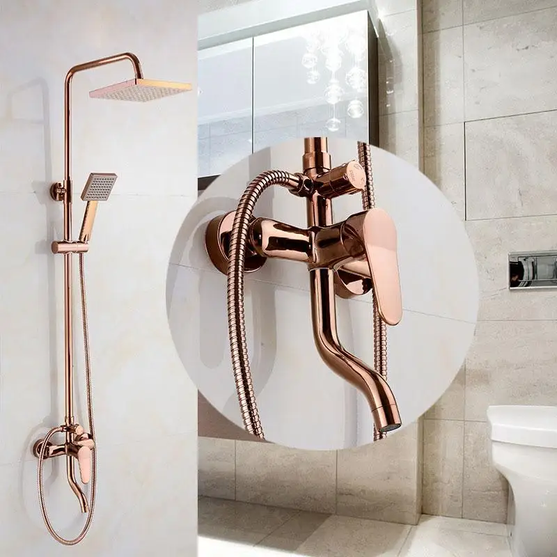 

Bathroom rose gold shower set wall mounted 8" rainfall shower mixer taps faucet 3 functions mixer valve square head