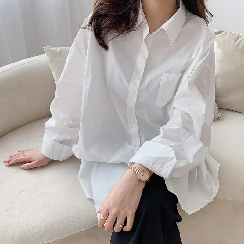 

Based White Shirt Female 2020 New Korean Version Long-Sleeved Turn-down Collar Solid Long Blouse