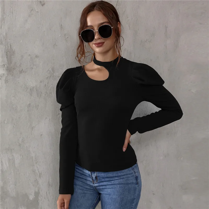 Women's Black Long-sleeved Hollow Round Neck Puff Sleeve T-shirt Casual Street Wear Slim Fashion Party Wear Office Lady Wear