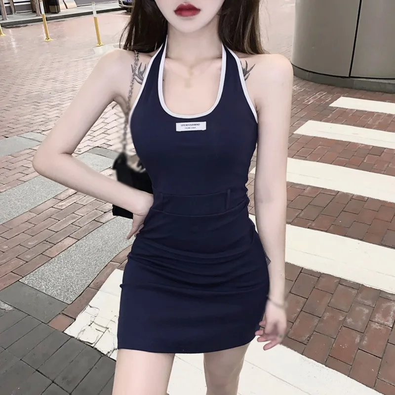 

Women Off Shoulder Halter Dress Korean Style Ladies Dress Black Dress Fashion Short Sleeve Letter Print Dress