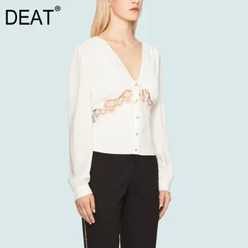 

DEAT 2020 new summer fashion women run way styles V-neck full sleeves lace hollow out high waist single breasted shirt WL15501L