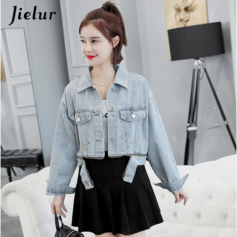 

Jielur Autumn Winter Denim Coat Women Pockets Zippers Denim Jacket Long Sleeve Loose Jeans Short Outwear Slim 2019 New S-XL