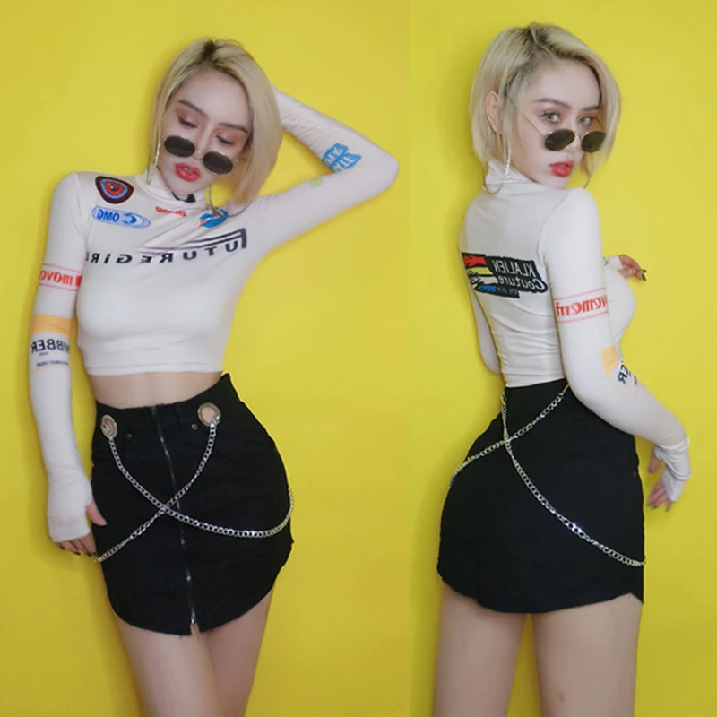 Сценические костюмы для певцов, сексуальная танцевальная одежда, одежда для бара, диджея, Ds, праздничный наряд, модный принт, длинный рукав, черная юбка, DN4415