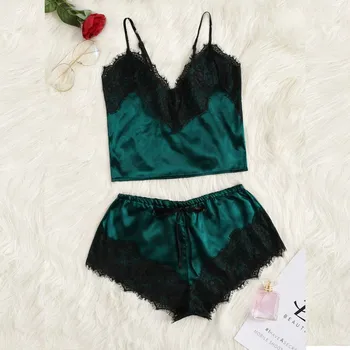 

Sexy Lingerie Set Chiffon Sleepwear Women's Pajama Set Sexy Women Lace Wireless Bra Top And Shorts Pijama Set Mujer #z