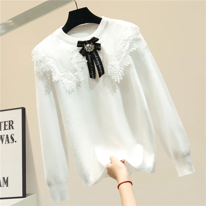 

Lace Collar Slim-Fit Thick Spell Knit Sweater Bottoming Shirt Women's 2020 New Autumn and Winter Sweater Sweter Mujer Jumper