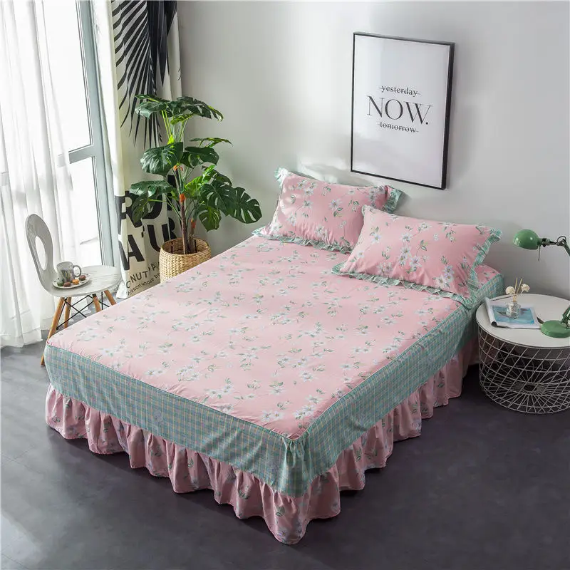 05 Green and white striped cotton single double bed skirt printed bed cover cartoon sheets bedding set - Цвет: 05