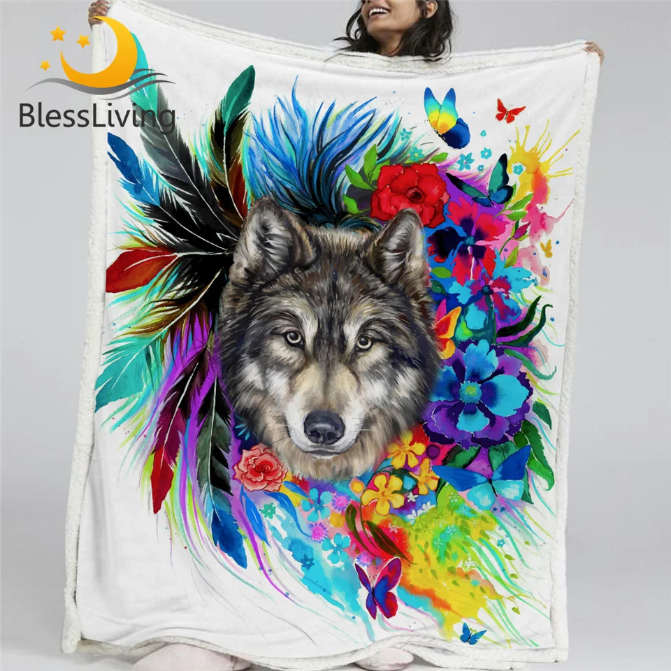 Blesslive Boho Wolf плюшевое одеяло акварельные цветные цветы рисунок шерпа Флисовое