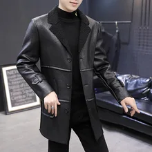 Зимнее мужское меховое кожаное пальто, Мужская одежда, корейский стиль, повседневное, средней длины, отложной воротник, мех ягненка, Тренч, модное пальто
