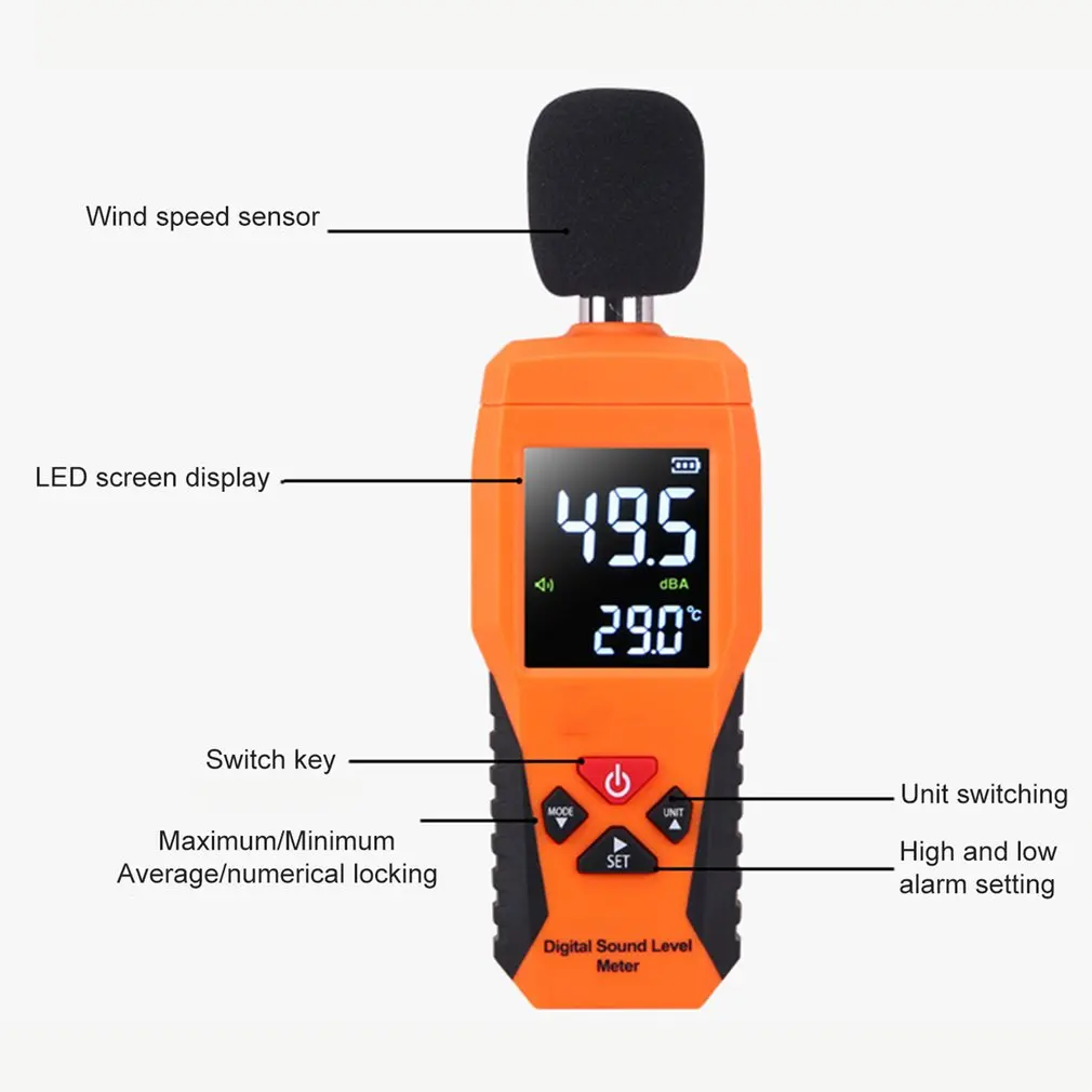 Goede Digital Sound Level dB Meter 30dB ~ 130dB Decibe Noise Logger Detector Diagnostic Tool Temperatuur Tester Met Achtergrondverlichting