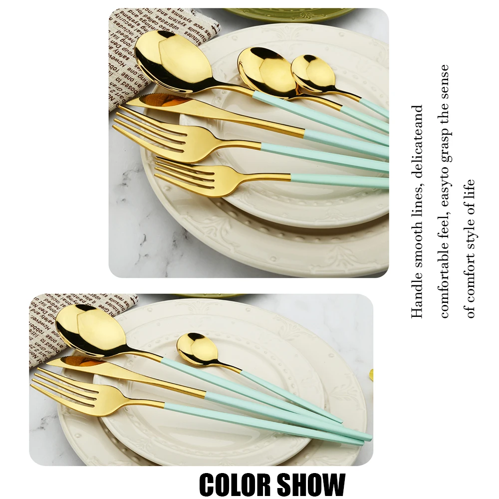 Description Picture 4 of item16pcs Stainless Steel Set Flatware Dinnerware Cutlery Mint Green Knives Fork Dessert Spoon Home Silverware Kitchen Tableware Set