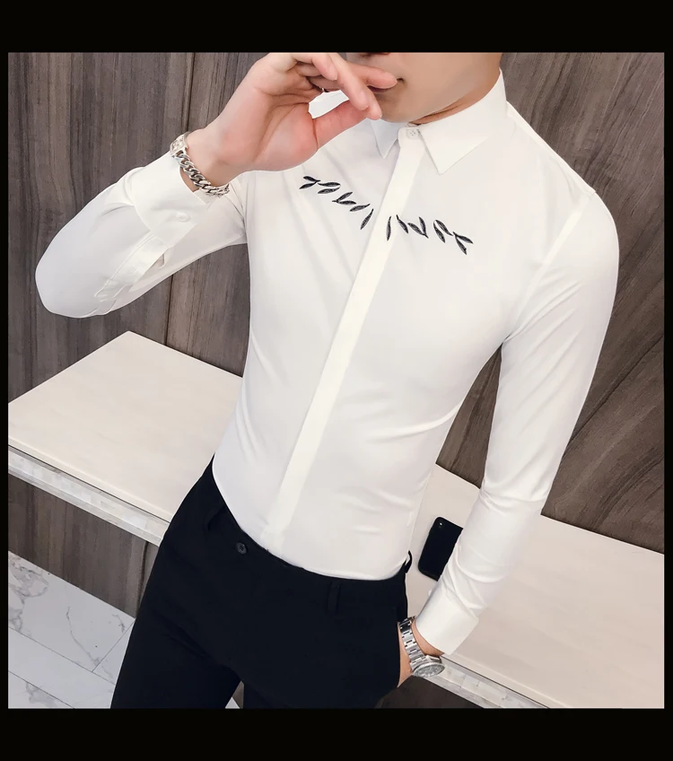 Camisa masculina, новинка, мужская рубашка с длинными рукавами, простые Универсальные мужские повседневные рубашки с вышивкой, приталенная рубашка, платье-смокинг