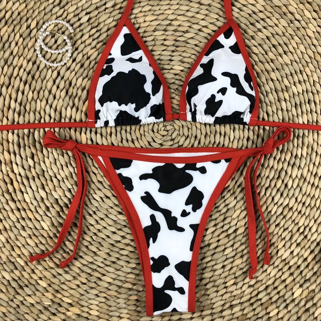 Cow Printed 2pcs Sexy Women Summer Swimwear Bikini Set G-String Thong Beach Triangle Suit Swimsuit Bathing Suit Swimming Suit