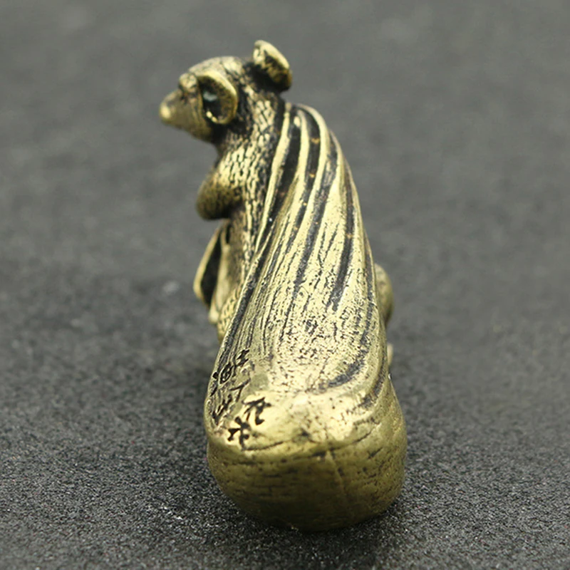  1X Copper Brass Mouse Rat Money Bag Chinese Style Ornament Small Statue Figurine Miniature Home Off