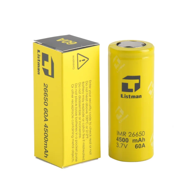 Listman 26650 батарея 3,7 V 60A 4500mAh перезаряжаемая литиевая батарея для бокс мод для электронных сигарет 26650 Vape батарея