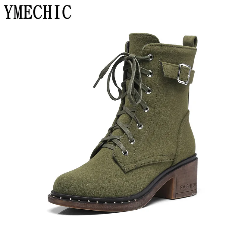 Ботильоны YMECHIC коричневые зеленые черные на шнуровке высоком блочном каблуке