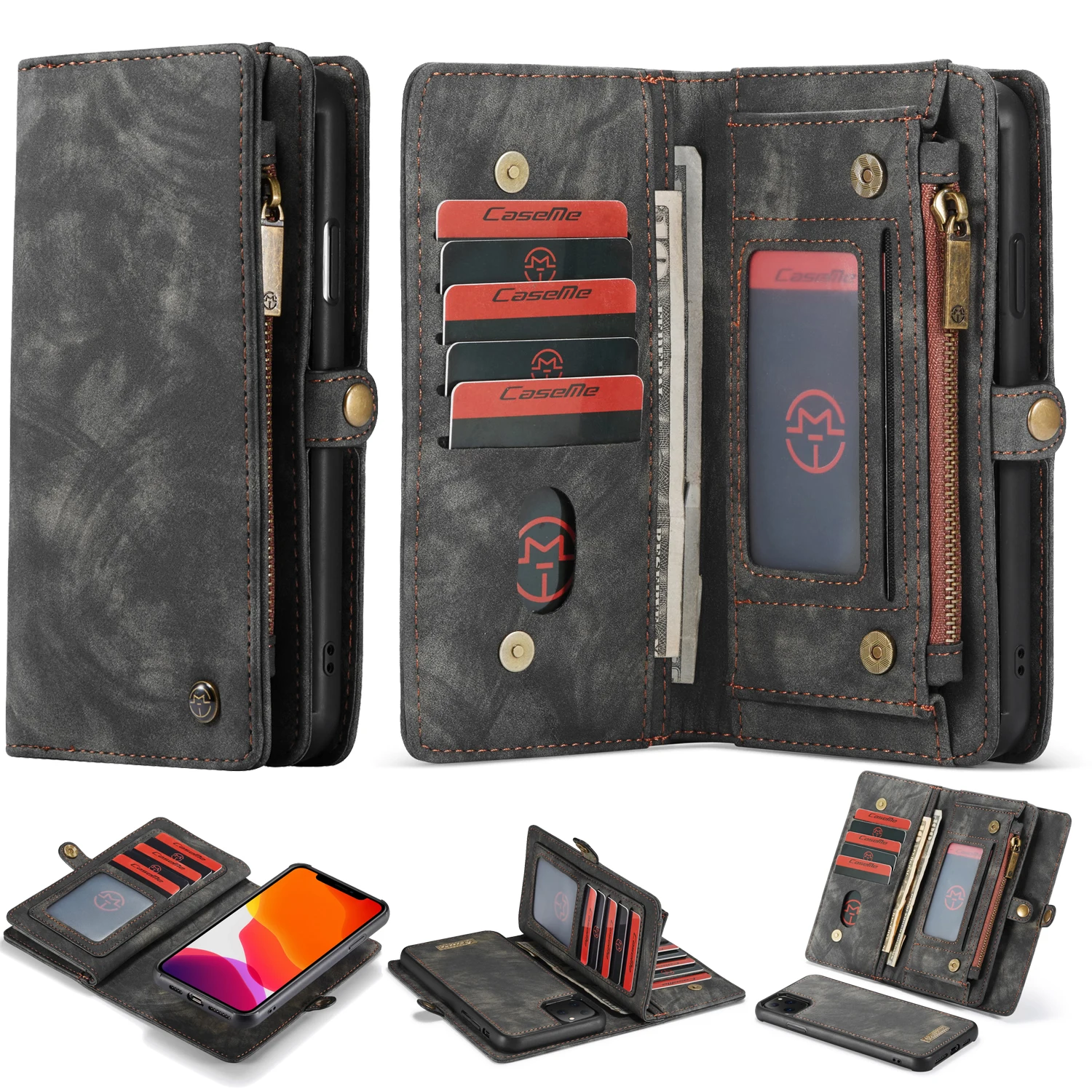 

for iPhone 11 Pro Max Case Xs Xr X 8 7 Plus Synthetic Leather Zipper Wallet Purse Cover with Magnetic Detachable for Car Mount