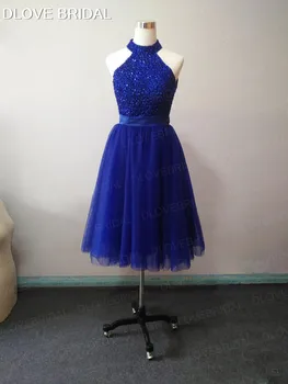 

Short Royal Blue Prom Dress Keyhole Back High Neck A Line Special Occassion Evening Party Gown Delicate Sequin Beaded