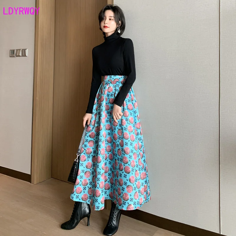 

2019 autumn and winter new Korean women's fashion high collar long-sleeved solid color sweater fruit print long skirt two-piece