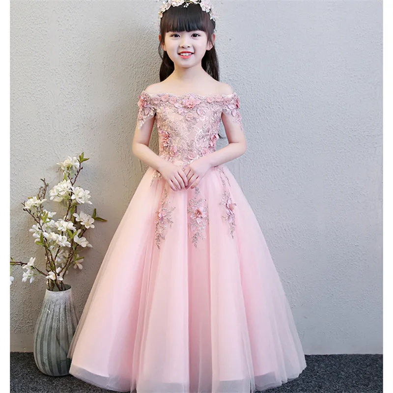 Длинное платье с цветочным узором для девочек, украшения бисером, свадебное платье для девочек, длинное бальное платье без Плеч