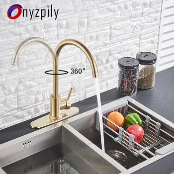 

Onyzpily Brushed Golden Kitchen faucet with 10 inch cover Sink Faucet 360 Rotation Deck Mounted Faucet Cold and Hot Mixer