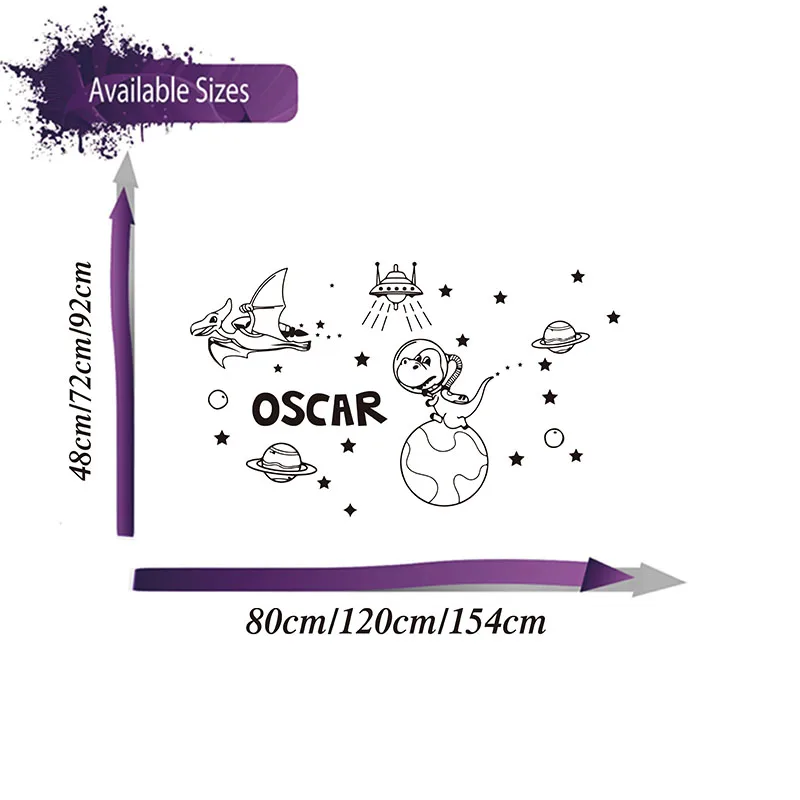 Personalized Name Dinosaur Space Astronomy Wall Sticker Kids Room  Dinosaur Spaceship Planets Meteorite Stars Moon  Wall Decal  (1)