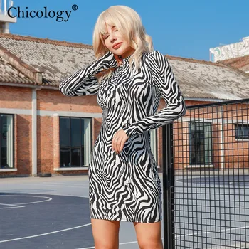 

Chicology zebra stripe long sleeve mini dress women sexy bodycon 2019 autumn winter party club streetwear lady casual clothes