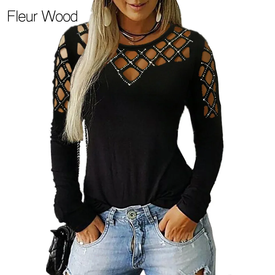 Fleur Wood, женские сетчатые топы, летние, сексуальные, круглый вырез, длинный рукав, открытая, осенняя рубашка, с открытыми плечами, Женские повседневные топы, 5XL