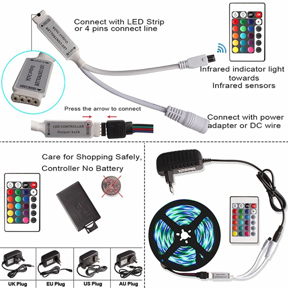 5 м RGB светодиодный светильник 2835 DC 12 В 60 Светодиодный s/M Водонепроницаемая гибкая светодиодная лента световой ленты Лампа ИК контроллер+ адаптер питания