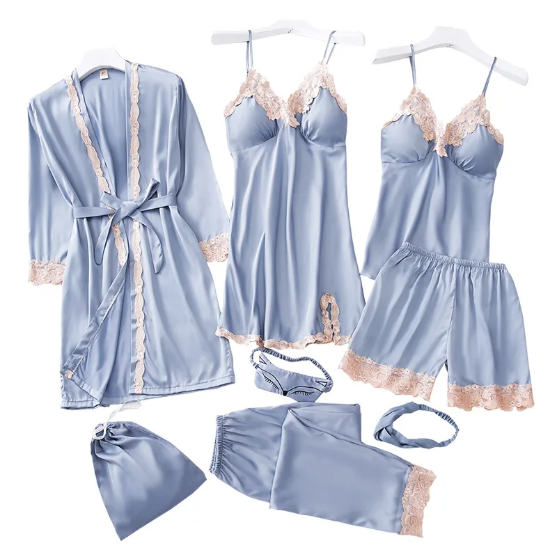Пижамный комплект SIMISI из 7 предметов искусственного шелка однотонное кружевное