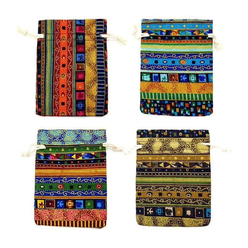 12pc Egyptian Style Jewelry Coin Pouch Print Drawstring Gift Bag Cotton Sachet Candy Travel Purse Ethnic