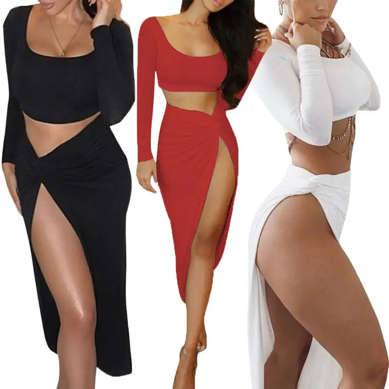 Tops cortos de manga larga mujer, faldas Hippie gitanas, ajustada, conjunto de 2 piezas, ropa Sexy para discoteca, novedad - Ropa de mujer