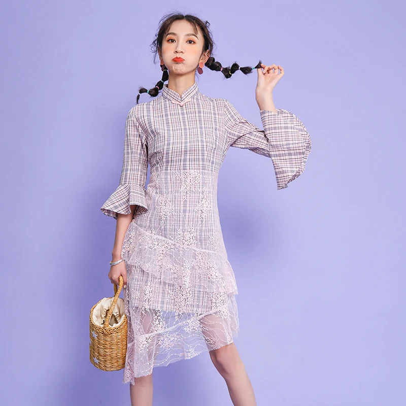 Элегантное китайское стильное улучшенное женское платье cheongsam с коротким рукавом и сеткой, женское классическое восточное платье aodai - Цвет: color1