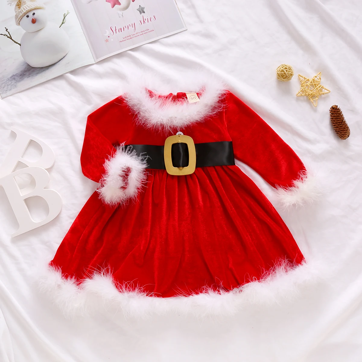 New 2020 Baby Christmas Dress Princess Toddler Girls Fleece Red O-Neck Long Sleeves High Waist with Sashes 6M-4Y | Детская одежда и
