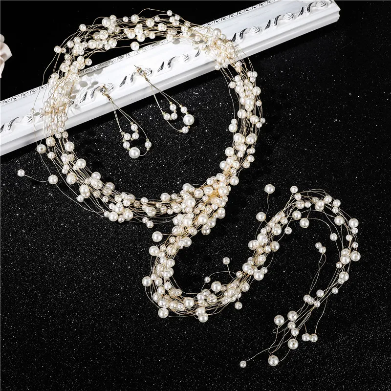 

Bride Headdress Korean Style Pearl Wreath Set Handmade Beaded Bracelet Ear Stud Simple Necklace Hair Band Beautiful Marriage Hea