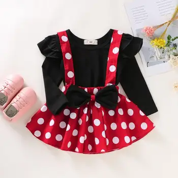 

New Style 2pcs Baby Todder princess set Girl fashion long sleeve ruffle top+minnie Suspender dot Skirt Spring Winter Set ST19081