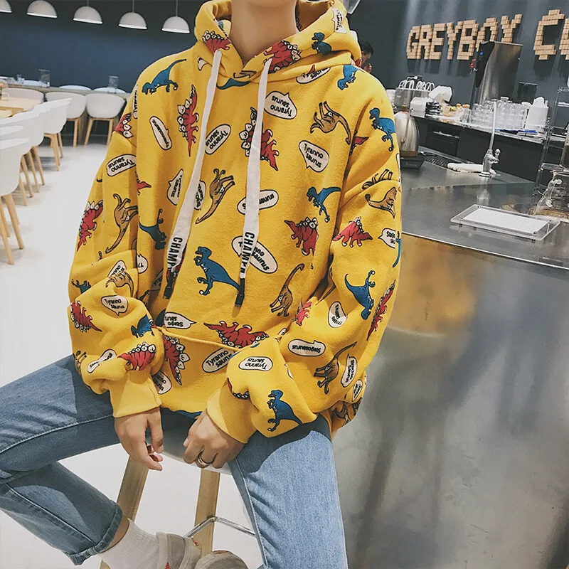 

2018 New Winter Korean Preppy Style Dinosaur Cartoon Print Cute Large yard Leisure Cartoon Loose Pullovers Hooded sweatershirt