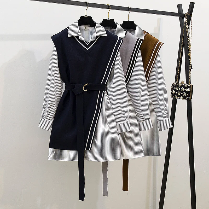 Streetwear Two Piece Dress Women Autumn Winter long Sleeve Shirt Mini Dresses with belt plus size elegant party Dress vestidos