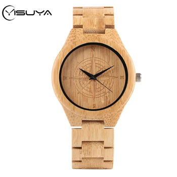 

YISUYA Handmade Compass Dial Design Men's Wooden Watch Men Bamboo Wooden Band Creative Natural Wood Wristwatches for Men Relogio