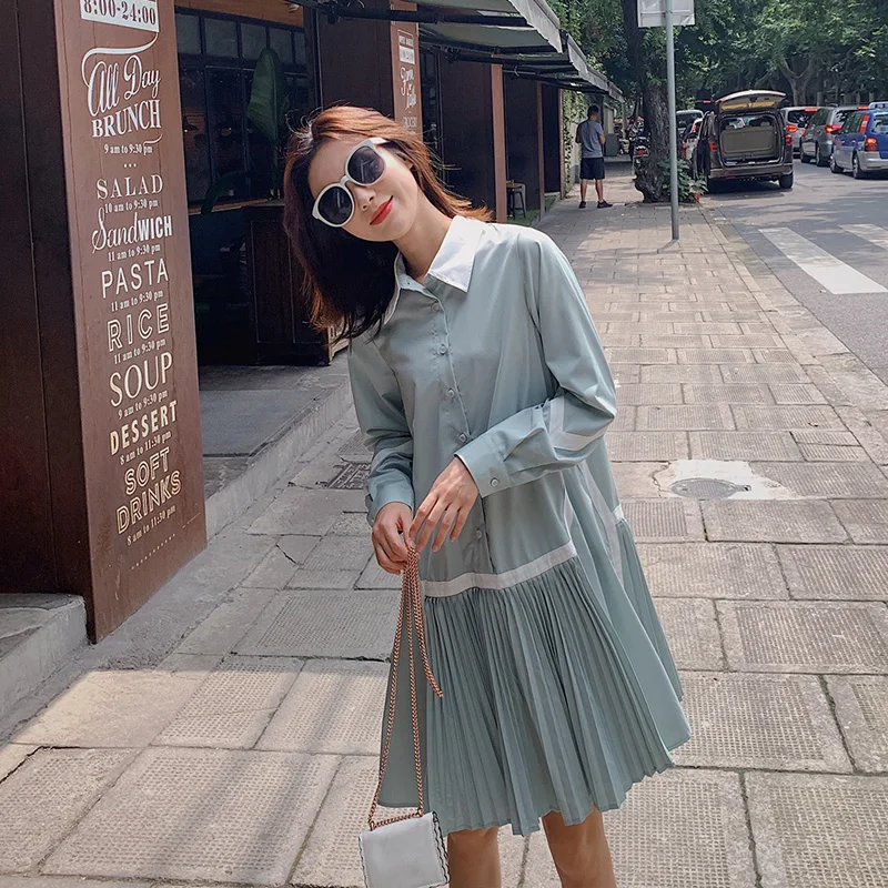 Mint green Зеленый/хаки пуловер для беременных рукав плиссированное платье плюс размер отложной воротник однобортное платье с высокой талией - Цвет: Mint green
