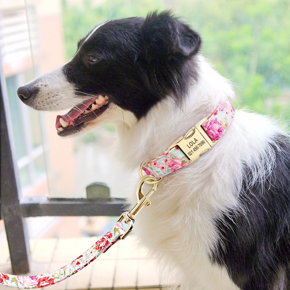 Personalized Dog Collar Leash Set Nylon Dog Collars Floral Printed Pet Walking Leash ID Tag Medium Large Dogs