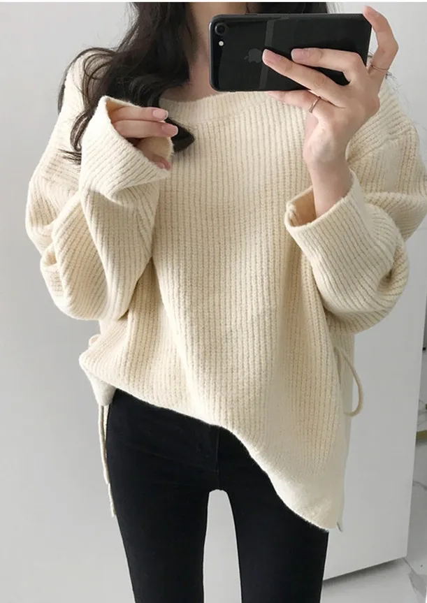 RUGOD, корейский стиль, Однотонный женский свитер,, Ретро стиль, рукав летучая мышь, Свободный пуловер, женский, Осень-зима, на шнуровке, трикотаж