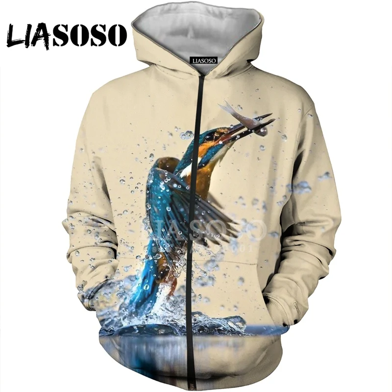 LIASOSO 3D принт для женщин мужчин птицы ловля рыба змея лиса толстовки с капюшоном кофты куртка на молнии повседневные топы X2838