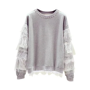 

Sweatshirt Hoodies Female O Neck 2019 Autumn and Winter New Korean Stitching Tassel Loose Long Sleeve Loose Sweatshirt