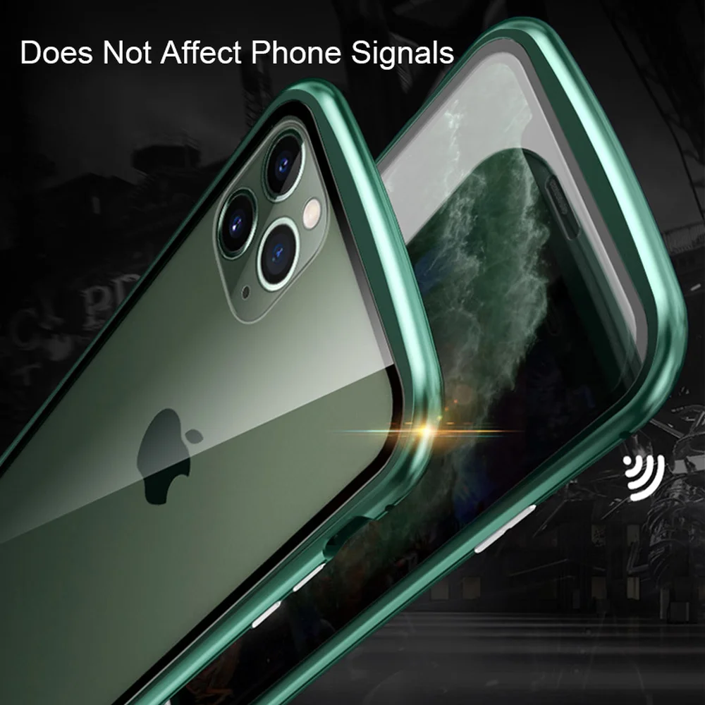 Для IPhone 11 Pro Max Магнитный чехол Роскошный Алюминиевый металлический бампер двухсторонний закаленное стекло Магнитный чехол 360 Защитный чехол