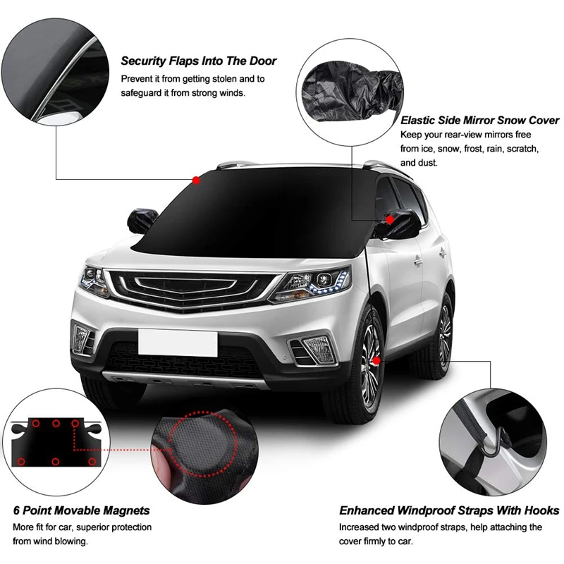 Car Windshield Snow Cover, Waterproof Car Snow Ice Removal Cover Magnetic Wiper Frost Guard Protector with Elastic Hooks and Sid