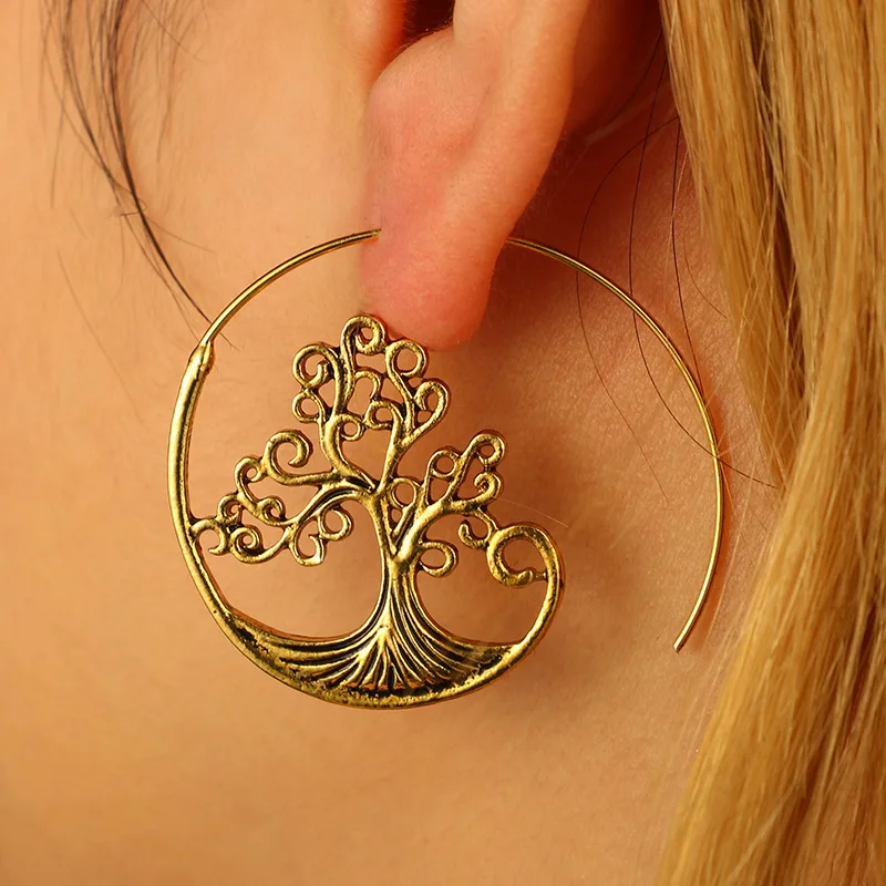 

Bohemian Leaf Swirl Hoop Earring for Women Flower Carved Hollow Round Life Tree Earrings Steampunk Jewelry Simple Gifts C5E772