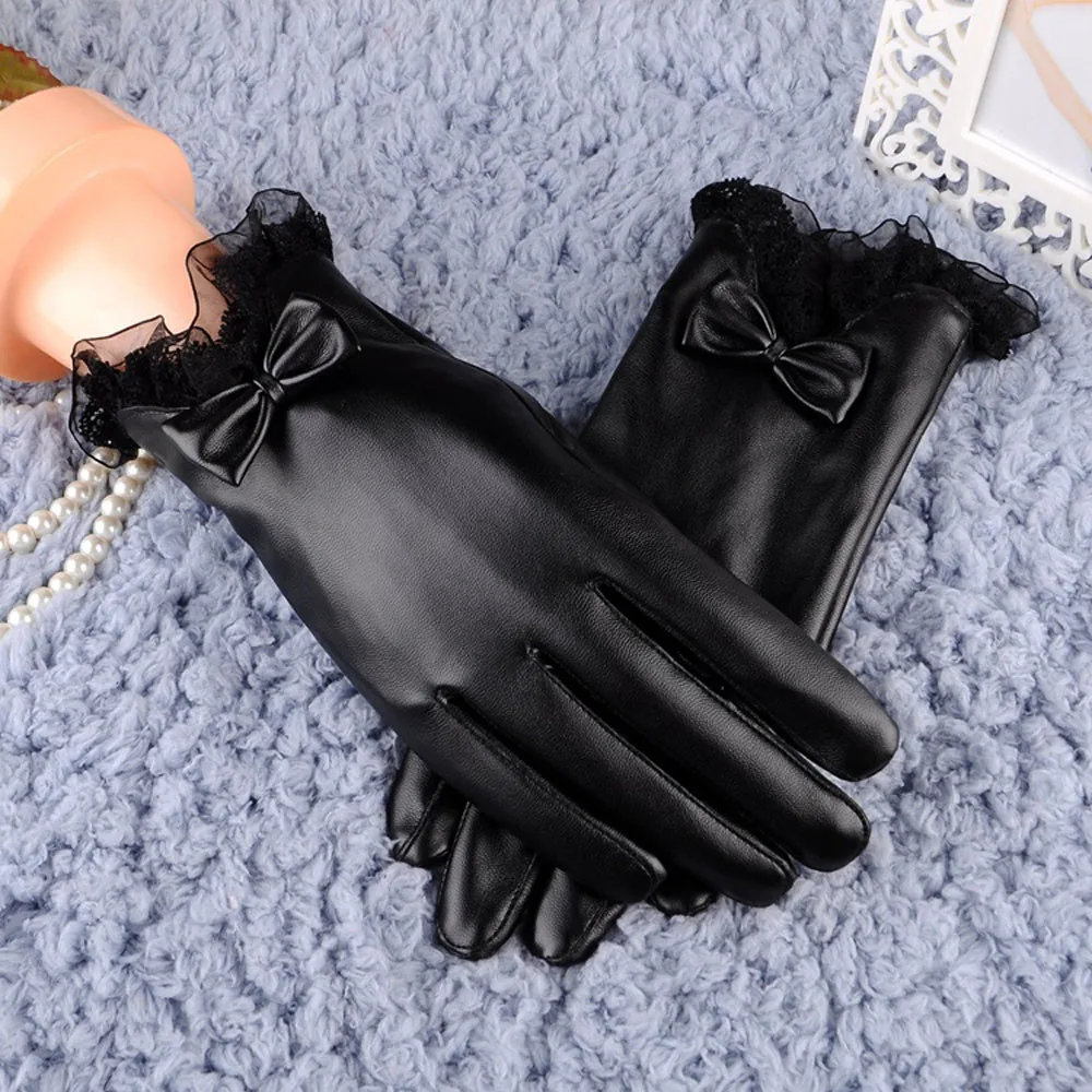 Женские кожаные перчатки, зимние утепленные мягкие перчатки с сенсорным экраном и бантом для вождения, зимняя рукавица, перчатки guantes gants